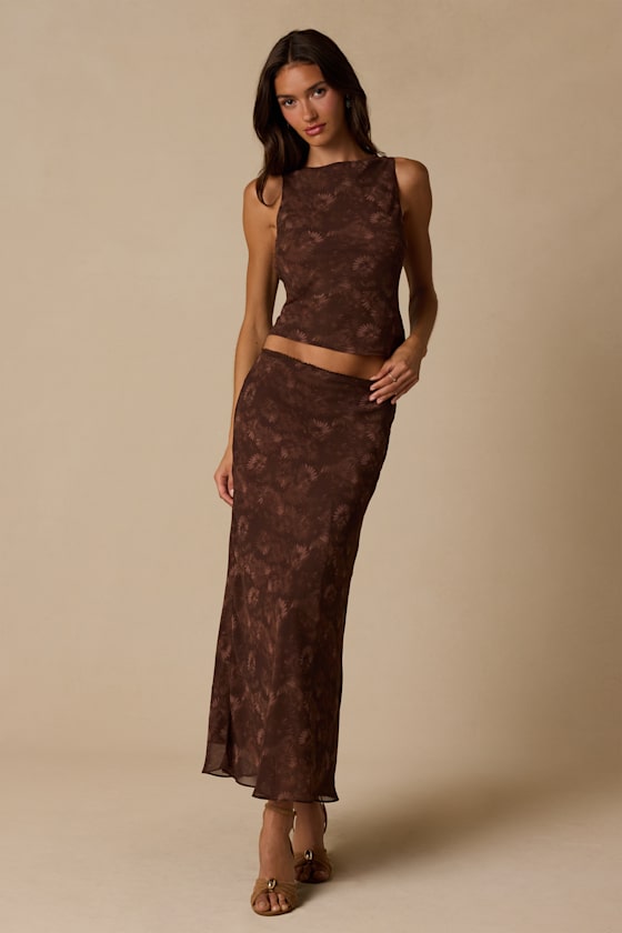 Myette Brown Floral Mesh Midi Skirt