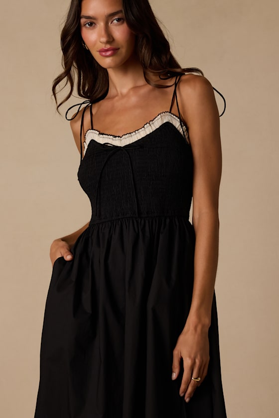Janey Black Smocked Tie-Strap Midi Dress