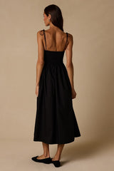 Janey Black Smocked Tie-Strap Midi Dress