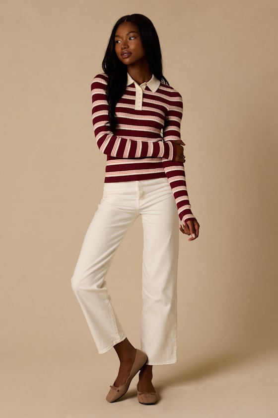 Opal Burgundy and Pink Striped Ribbed Knit Collar Top