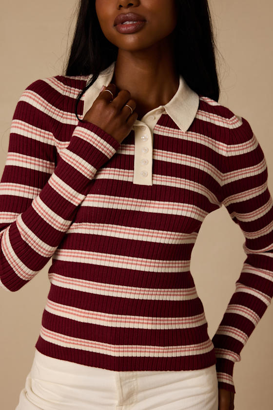 Opal Burgundy and Pink Striped Ribbed Knit Collar Top