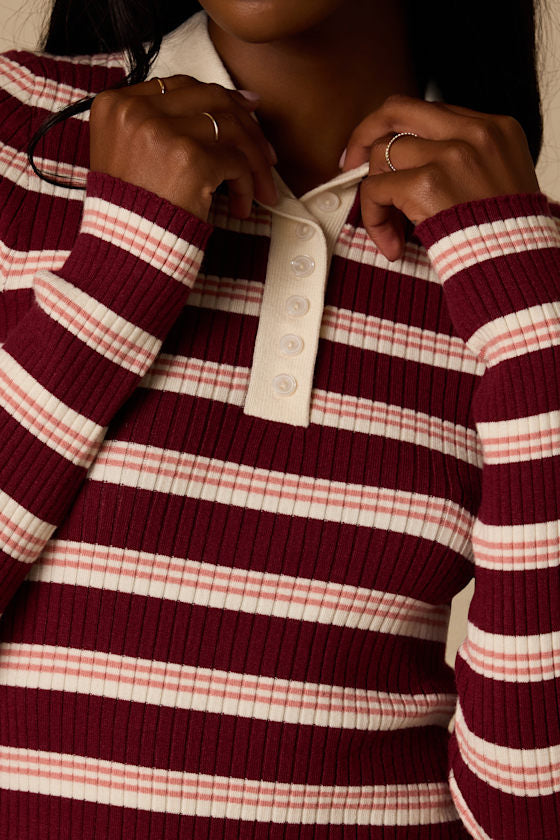 Opal Burgundy and Pink Striped Ribbed Knit Collar Top