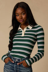 Opal Green and Blue Striped Ribbed Knit Collar Top