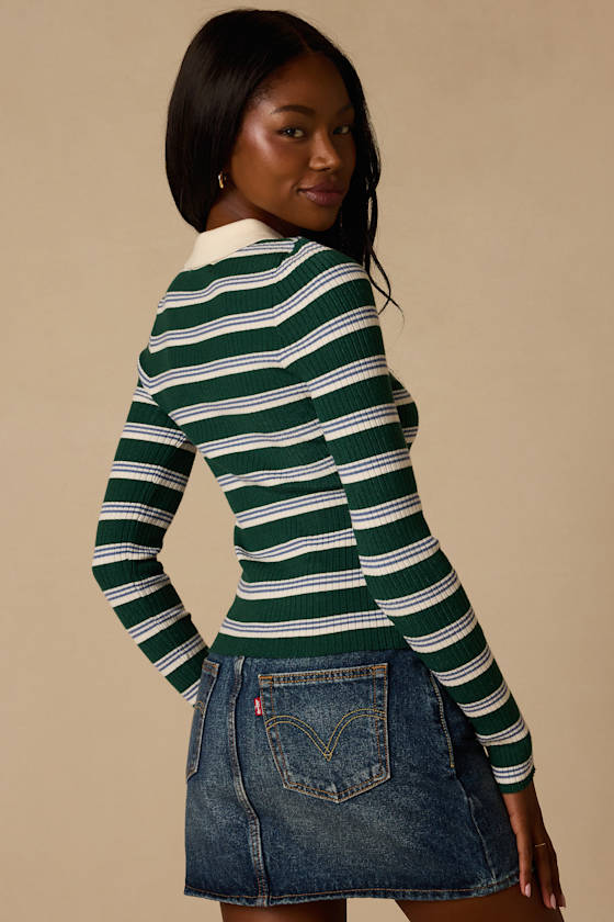 Opal Green and Blue Striped Ribbed Knit Collar Top