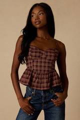 Callen Burgundy Multi Plaid Peplum Top
