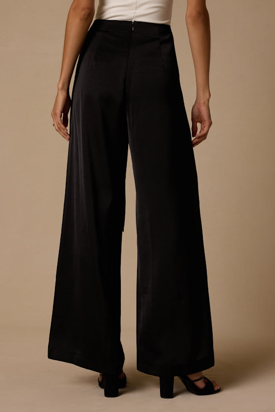 Ivaya Black Satin Sash Wide-Leg Pants