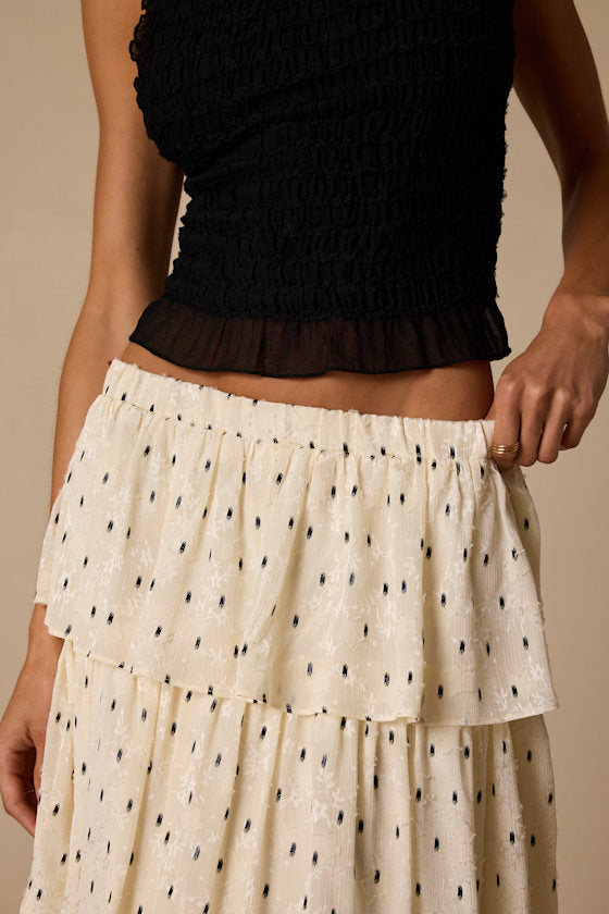 Deedee Ivory Polka Dot Tiered Maxi Skirt