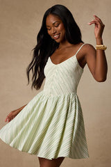 Sandy White and Green Striped Skater Mini Dress