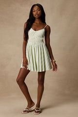 Sandy White and Green Striped Skater Mini Dress