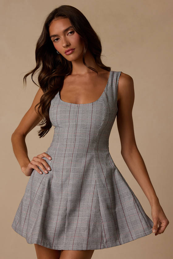 Maddison Grey Multi Plaid Skater Mini Dress