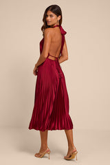 Rhoda Wine Red Satin Halter Midi Dress