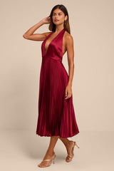 Rhoda Wine Red Satin Halter Midi Dress