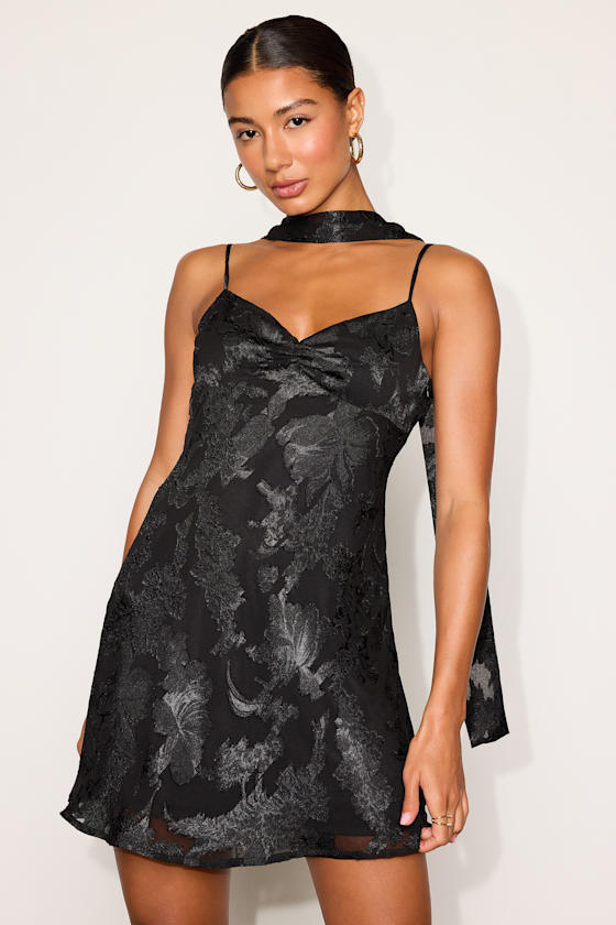 Aydah Black Floral Burnout Slip Mini Dress and Scarf Set
