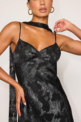 Aydah Black Floral Burnout Slip Mini Dress and Scarf Set