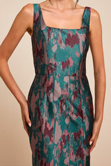 Diani Teal Abstract Jacquard Column Midi Dress