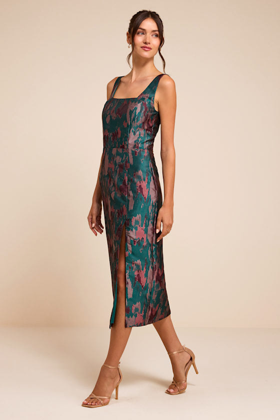 Diani Teal Abstract Jacquard Column Midi Dress
