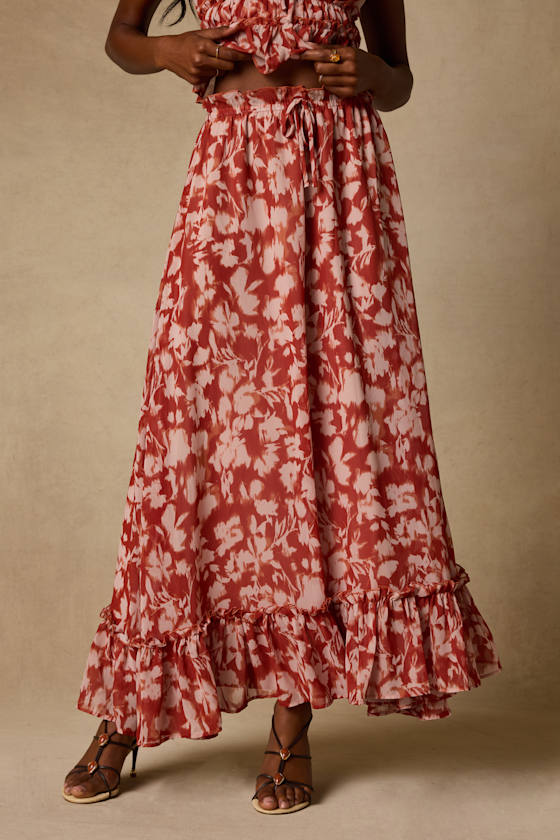 Aleni Rust Floral Print Maxi Skirt