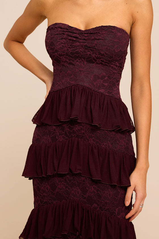 Mariena Plum Lace Tiered Midi Dress