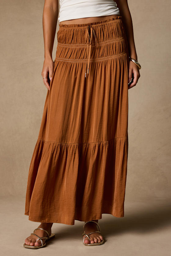 Goldie Light Brown Ruched Midi Skirt