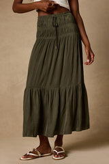 Goldie Olive Green Ruched Midi Skirt