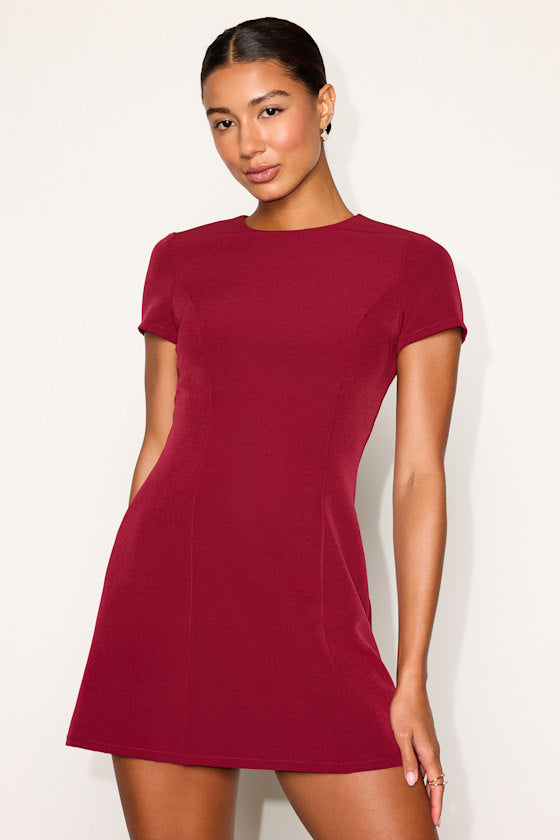 Renetta Burgundy Ponte Knit Short Sleeve Mini Dress