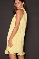 Vaivah Light Yellow Satin Plisse Mock Neck Swing Mini Dress