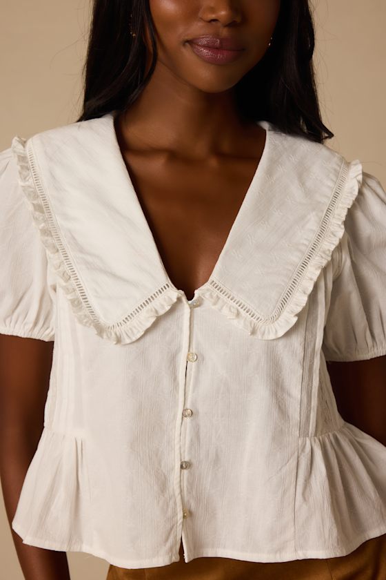 Jae White Cotton Peter Pan Collar Top