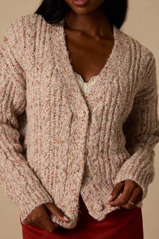 Amori Taupe Marled Cable Knit Cardigan