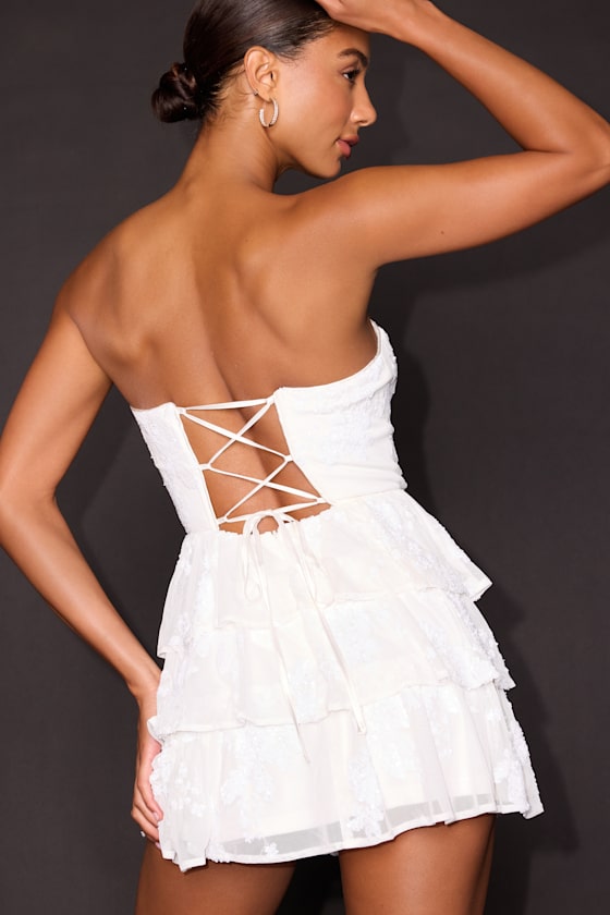 Definite Glamour White Mesh Sequin Bustier Tiered Mini Dress