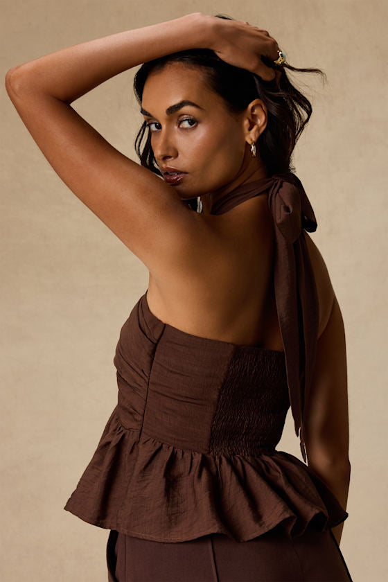 Kadri Brown Peplum Halter Top