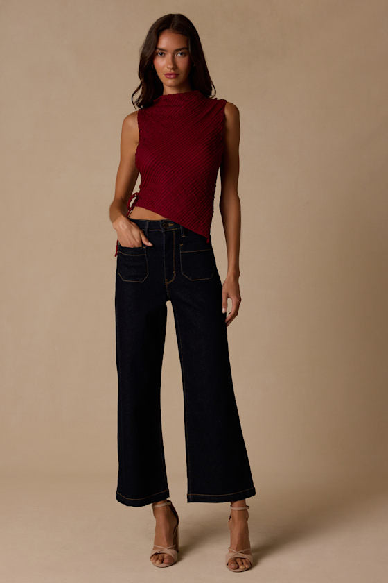 Kye Berry Red Crochet Lace Asymmetrical Tank Top