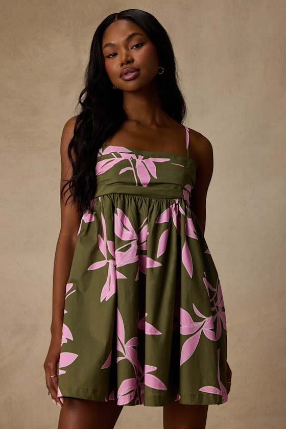 Petunia Olive and Pink Floral Babydoll Mini Dress