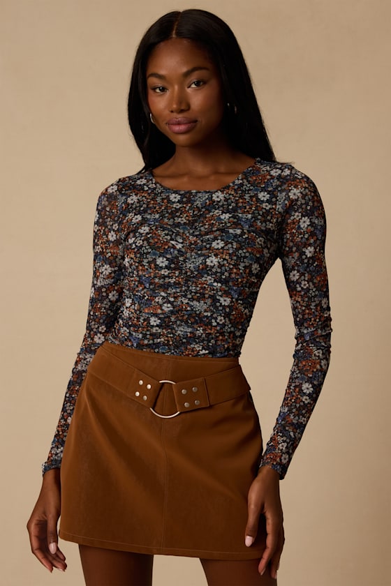 Everyday Luck Blue Floral Print Ruched Long Sleeve Bodysuit