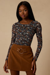 Everyday Luck Blue Floral Print Ruched Long Sleeve Bodysuit