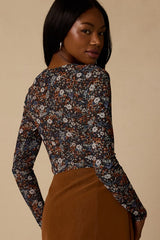 Everyday Luck Blue Floral Print Ruched Long Sleeve Bodysuit