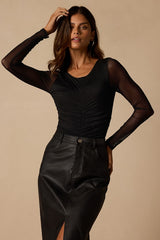 Everyday Luck Black Ruched Long Sleeve Bodysuit