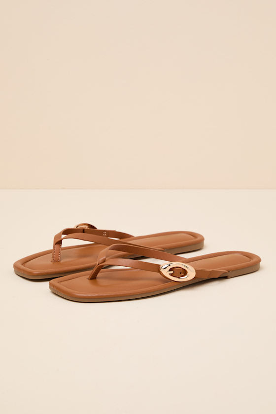 London Camel Buckle Thong Sandals