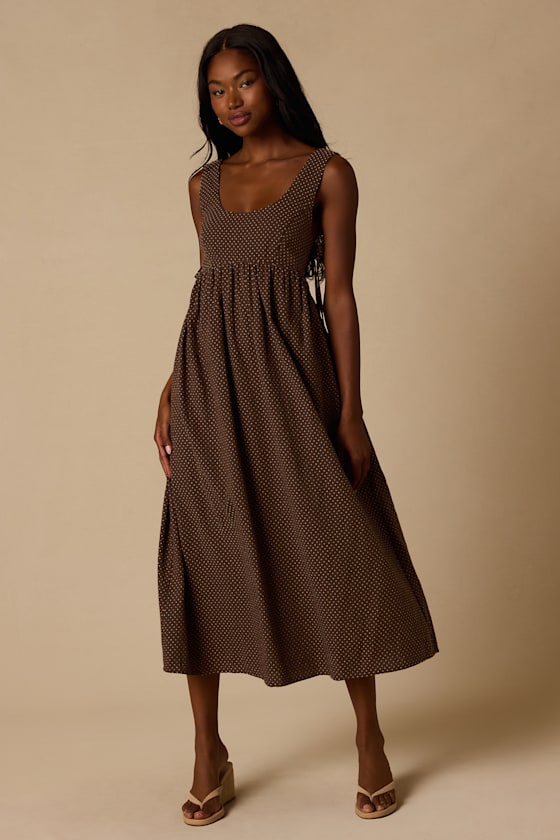 Shalena Brown Polka Dot Side-Tie Midi Dress