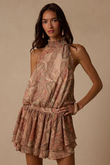 Jasmina Tan Multi Paisley Drop Waist Mini Dress