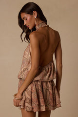 Jasmina Tan Multi Paisley Drop Waist Mini Dress