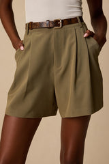 Sharise Olive Pleated High-Rise Shorts