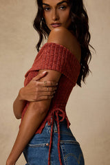 Saphira Rust Red Ribbed Knit Off-the-Shoulder Top