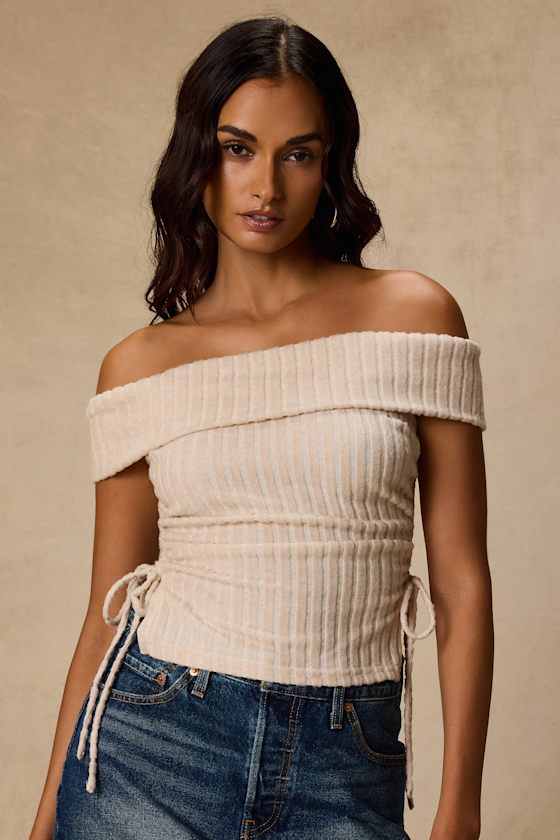 Saphira Cream Ribbed Knit Off-the-Shoulder Top