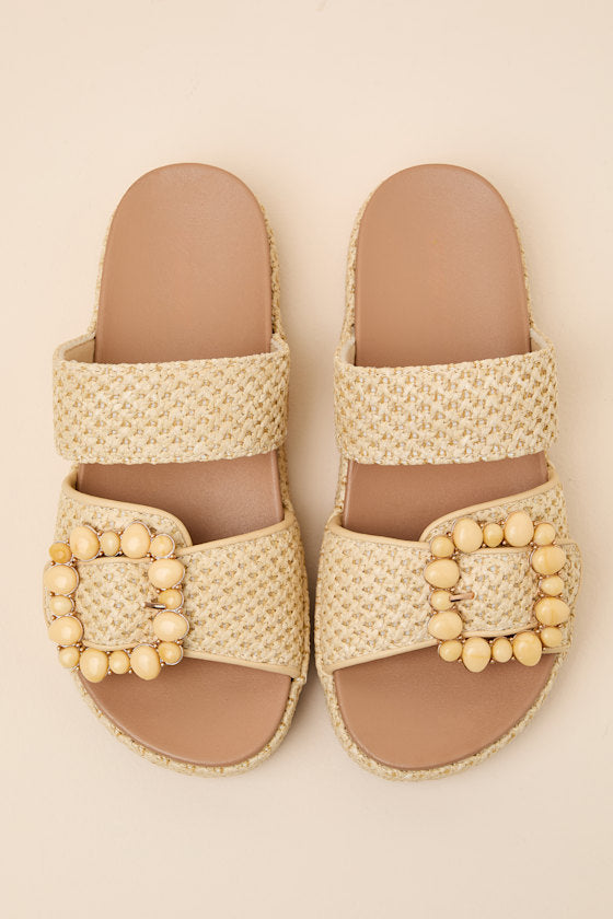 Babette Beige Raffia Buckle Platform Slide Sandals
