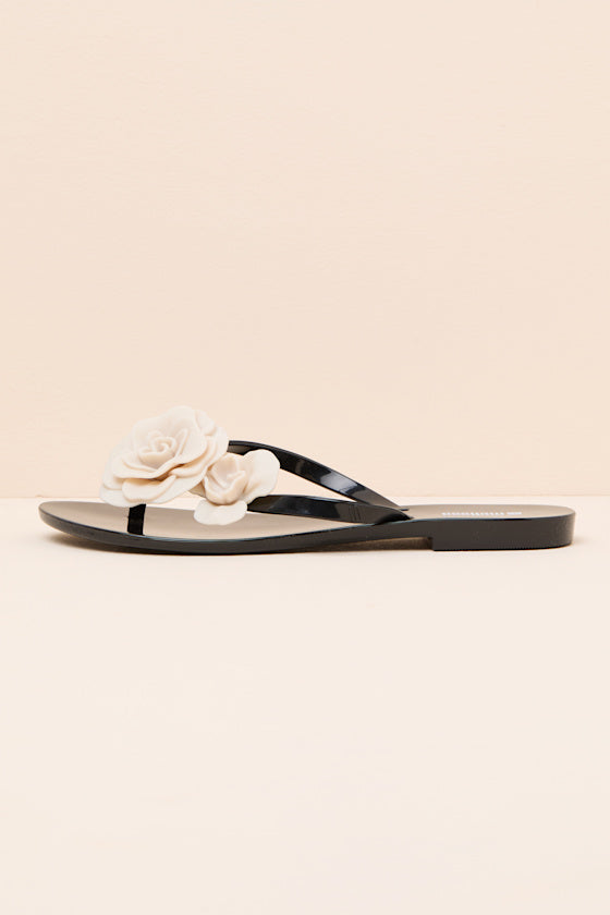 Harmonic Petals Black and Beige Thong Sandals