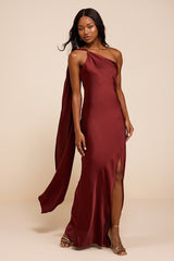 Amisha Rust Red Satin One-Shoulder Sash Maxi Dress