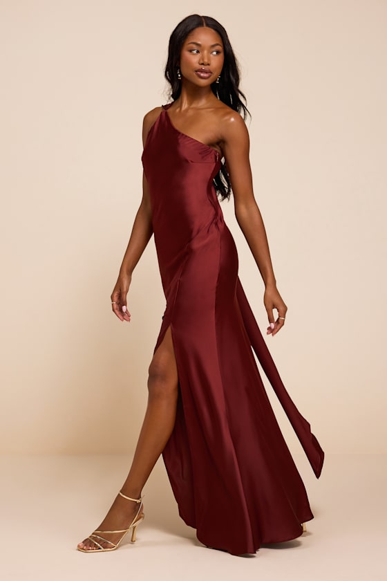 Amisha Rust Red Satin One-Shoulder Sash Maxi Dress