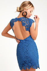 Romance Language Blue Lace Backless Mini Dress