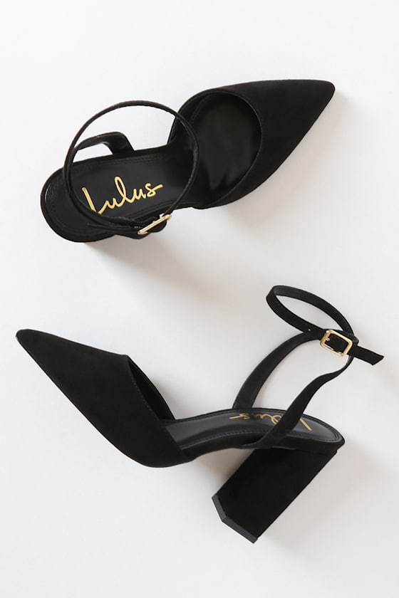 Viki Black Suede Pointed-Toe Ankle Strap Pumps