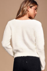 Care For You White Eyelash Knit Cowl Neck Reversible Sweater